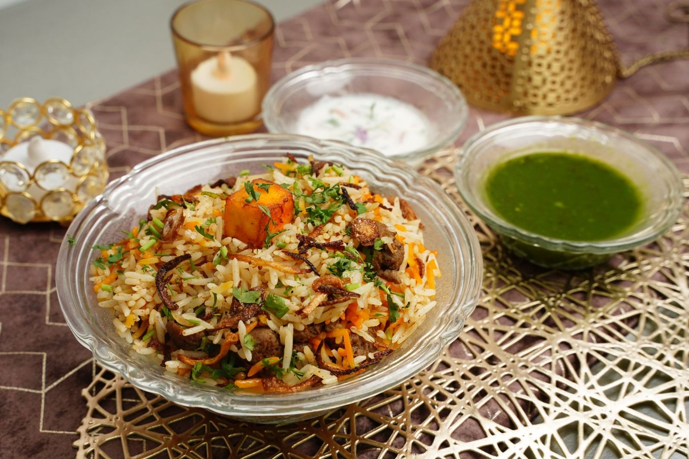 Veg soya dum biryani with paneer and fried onions